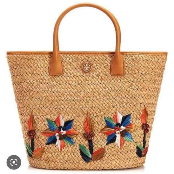 Tory Burch Handbags - Tory Burch Rae Floral Raffia Embellished Lined Straw Tote Bag w Leather Straps
